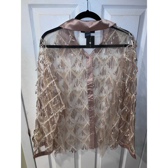 Ashley Stewart Sequin Fringe Blouse Womens Plus 18/20 Button Front Sheer Tan New - Picture 6 of 8